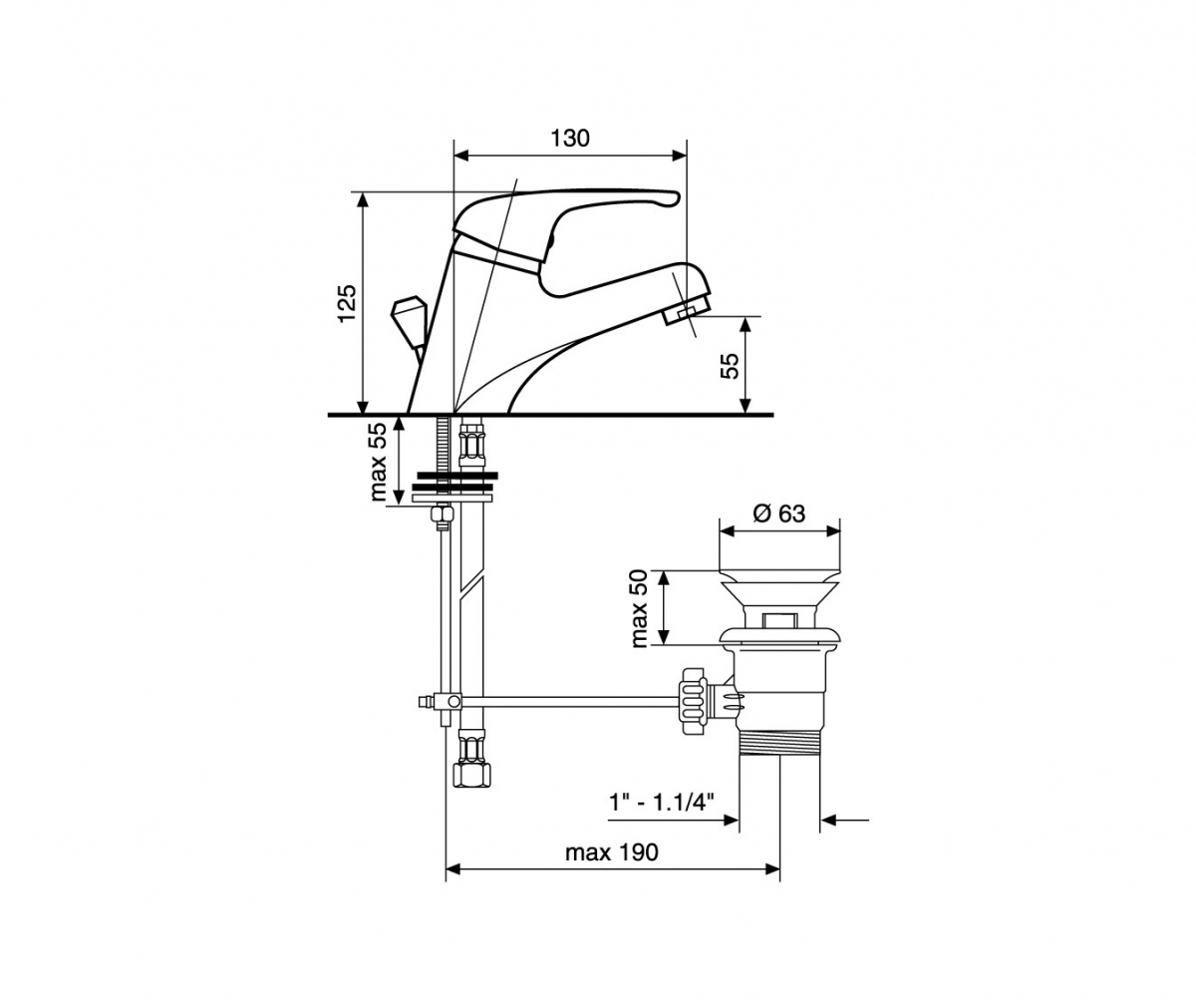 AMBRA BASIN MIXER TECHNICAL DRAWING